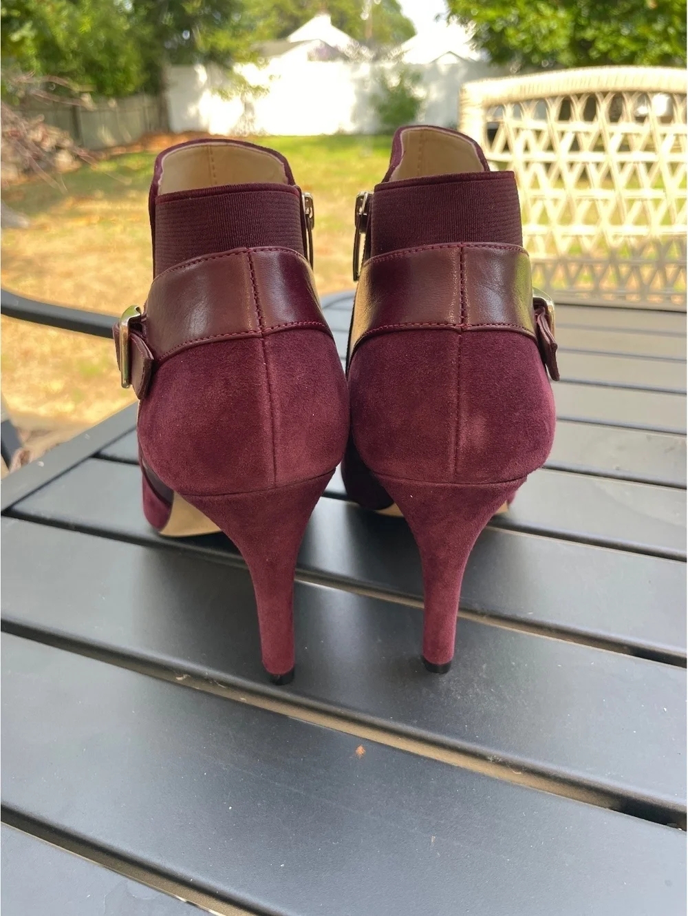 Marc Fisher Women's Burgundy Suede Peep Toe Ankle Boots with Buckle and Stiletto